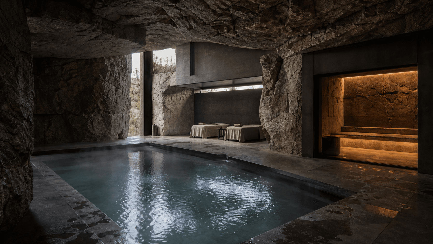 Sala de tratamento do Spa Mineral com quartzito e luz natural